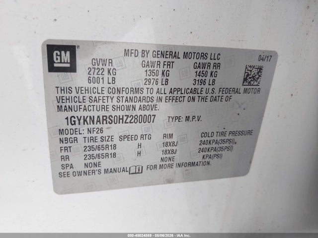45024589 :رقم المزاد ، 1GYKNARS0HZ280007 vin ، 2017 Cadillac Xt5 Standard مزاد بيع
