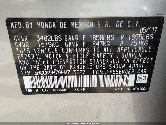 Продаж на аукціоні авто 2017 Honda Fit Ex, vin: 3HGGK5H76HM713227, номер лоту: 45024592