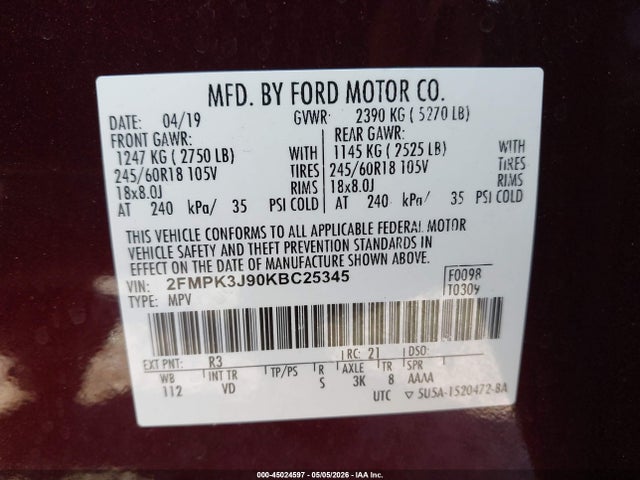 Aukcja sprzedaży 2019 Ford Edge Sel, vin: 2FMPK3J90KBC25345, numer aukcji: 45024597