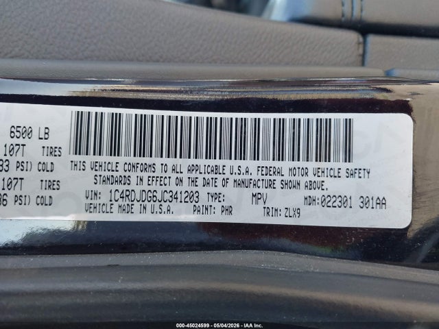 45024599 :رقم المزاد ، 1C4RDJDG6JC341203 vin ، 2018 Dodge Durango Gt Awd مزاد بيع
