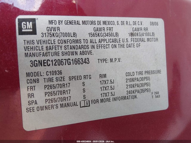 45024604 :رقم المزاد ، 3GNEC12067G166343 vin ، 2007 Chevrolet Avalanche 1500 Lt مزاد بيع