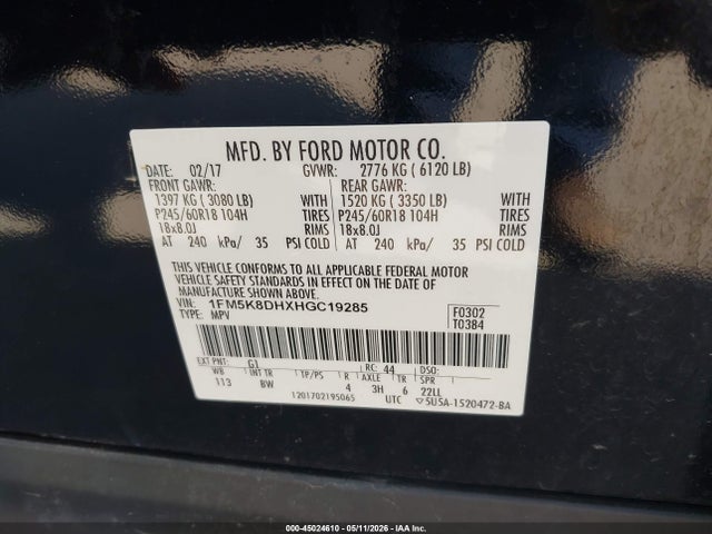Aukcja sprzedaży 2017 Ford Explorer Xlt, vin: 1FM5K8DHXHGC19285, numer aukcji: 45024610