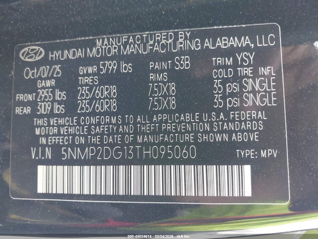 Aukcja sprzedaży 2026 Hyundai Santa Fe Hybrid Sel, vin: 5NMP2DG13TH095060, numer aukcji: 45024614