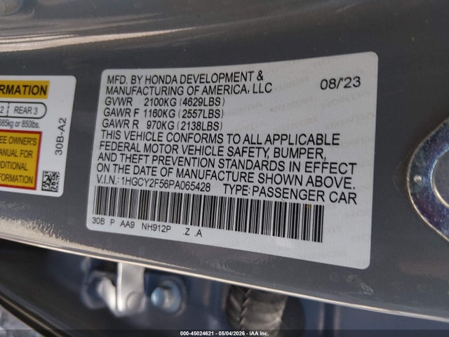 Продажа на аукционе авто 2023 Honda Accord Hybrid Sport, vin: 1HGCY2F56PA065428, номер лота: 45024621