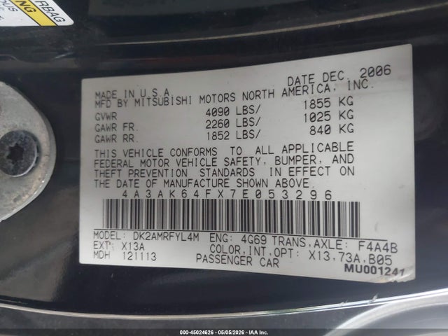 Aukcja sprzedaży 2007 Mitsubishi Eclipse Se, vin: 4A3AK64FX7E053296, numer aukcji: 45024626