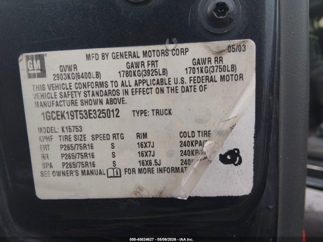 Продаж на аукціоні авто 2003 Chevrolet Silverado 1500 Lt, vin: 1GCEK19T53E325012, номер лоту: 45024627
