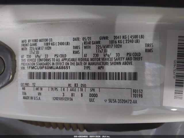 45024633 :رقم المزاد ، 1FMCU9F60MUA68651 vin ، 2021 Ford Escape S مزاد بيع