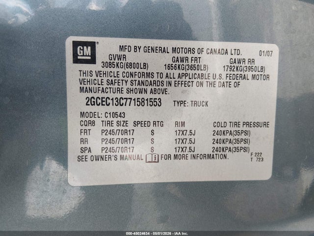 Auction sale of the 2007 Chevrolet Silverado 1500 Work Truck, vin: 2GCEC13C771581553, lot number: 45024634