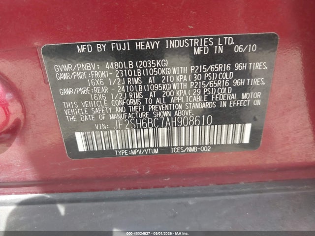 2010 Subaru Forester 2.5x მანქანა იყიდება აუქციონზე, vin: JF2SH6BC7AH908610, აუქციონის ნომერი: 45024637