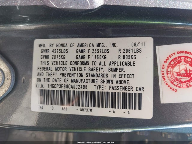 Aukcja sprzedaży 2012 Honda Accord 3.5 Ex-l, vin: 1HGCP3F89CA002496, numer aukcji: 45024648