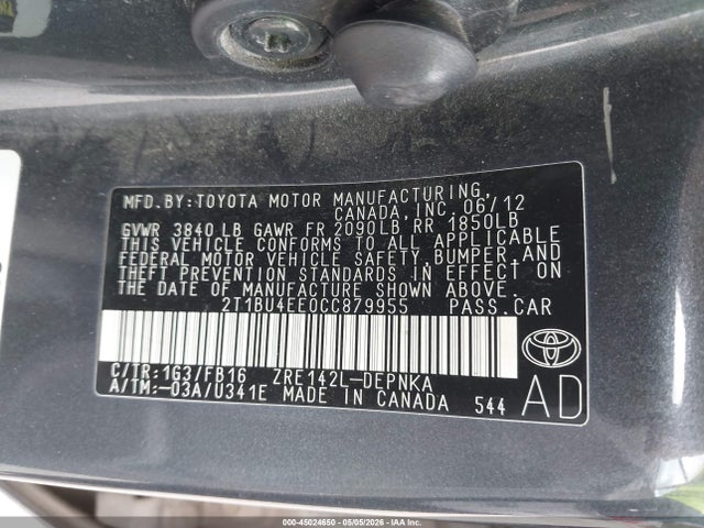 Aukcja sprzedaży 2012 Toyota Corolla Le, vin: 2T1BU4EE0CC879955, numer aukcji: 45024650