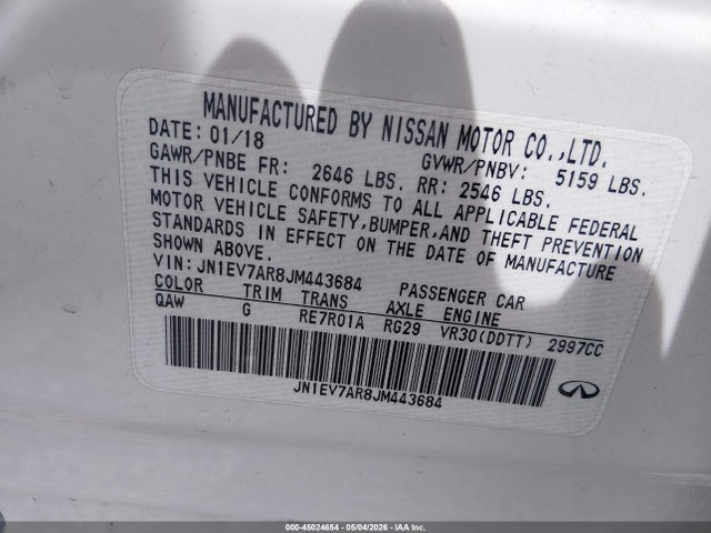 Aukcja sprzedaży 2018 Infiniti Q50 3.0t Luxe, vin: JN1EV7AR8JM443684, numer aukcji: 45024654