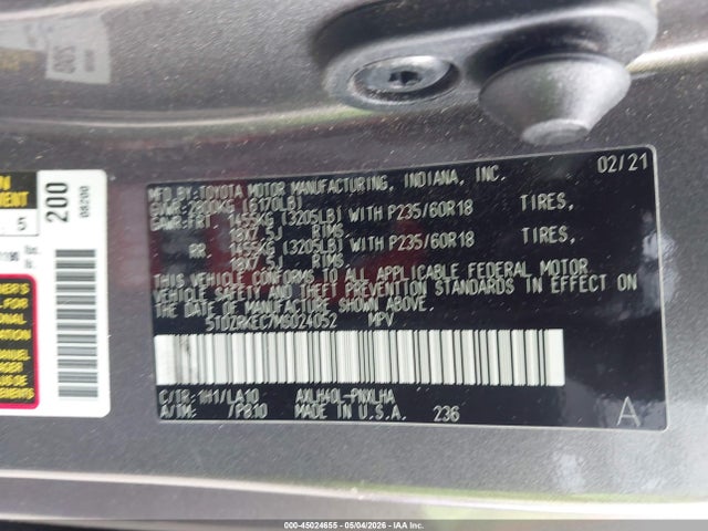 45024655 :رقم المزاد ، 5TDZRKEC7MS024052 vin ، 2021 Toyota Sienna Limited مزاد بيع