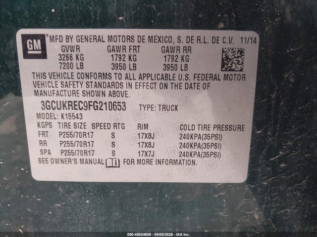 Aukcja sprzedaży 2015 Chevrolet Silverado 1500 1lt, vin: 3GCUKREC9FG210653, numer aukcji: 45024689
