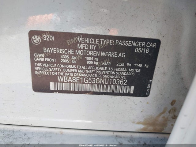 Продаж на аукціоні авто 2016 Bmw 320i, vin: WBA8E1G53GNU10362, номер лоту: 45024692