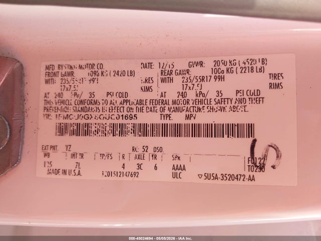 45024694 :رقم المزاد ، 1FMCU0GX8GUC01695 vin ، 2016 Ford Escape Se مزاد بيع