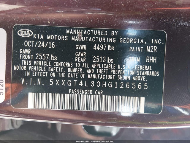 Продаж на аукціоні авто 2017 Kia Optima Lx, vin: 5XXGT4L30HG126565, номер лоту: 45024711