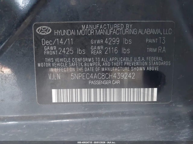 Продаж на аукціоні авто 2012 Hyundai Sonata Se, vin: 5NPEC4AC8CH439242, номер лоту: 45024715