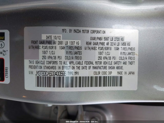 Aukcja sprzedaży 2013 Mazda Cx-9 Touring, vin: JM3TB3CA5D0400596, numer aukcji: 45024720