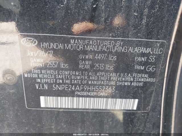 Aukcja sprzedaży 2017 Hyundai Sonata Se, vin: 5NPE24AF9HH552363, numer aukcji: 45024721