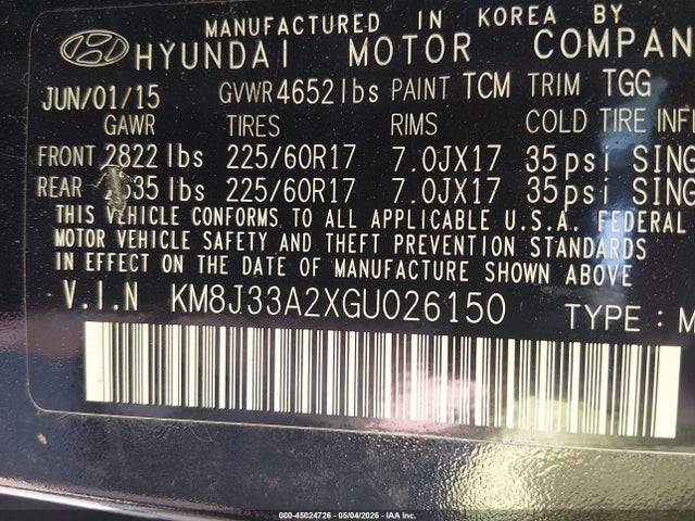 Aukcja sprzedaży 2016 Hyundai Tucson Eco, vin: KM8J33A2XGU026150, numer aukcji: 45024726