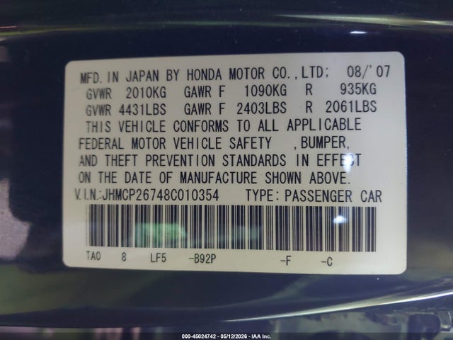 Aukcja sprzedaży 2008 Honda Accord 2.4 Ex, vin: JHMCP26748C010354, numer aukcji: 45024742
