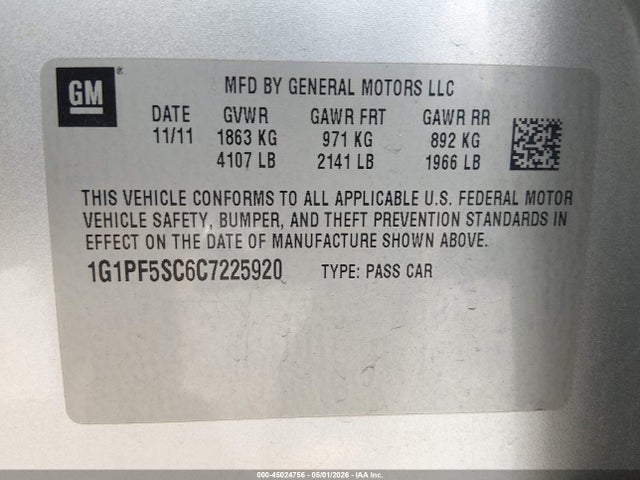 45024756 :رقم المزاد ، 1G1PF5SC6C7225920 vin ، 2012 Chevrolet Cruze 1lt مزاد بيع
