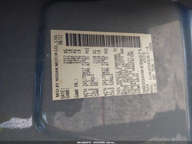 2022 Nissan Frontier Pro-4x 4x4 მანქანა იყიდება აუქციონზე, vin: 1N6ED1EKXNN696075, აუქციონის ნომერი: 45024757
