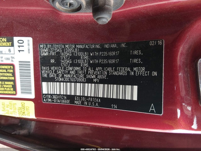 5TDKK3DC1GS709083 Toyota Sienna Le 8 Passenger