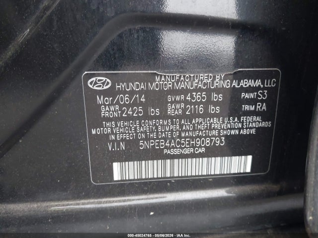 45024765 :رقم المزاد ، 5NPEB4AC5EH908793 vin ، 2014 Hyundai Sonata Gls مزاد بيع