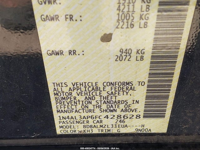 45024774 :رقم المزاد ، 1N4AL3AP6FC428628 vin ، 2015 Nissan Altima 2.5 Sv مزاد بيع