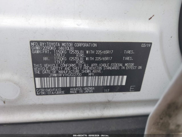 2019 Toyota Rav4 Xle მანქანა იყიდება აუქციონზე, vin: JTMW1RFV1KD022700, აუქციონის ნომერი: 45024776