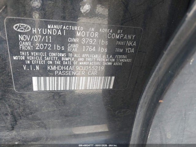 2012 Hyundai Elantra Gls (ulsan Plant) მანქანა იყიდება აუქციონზე, vin: KMHDH4AE9CU355219, აუქციონის ნომერი: 45024777