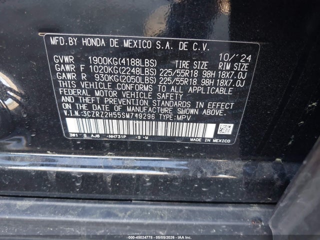 Продаж на аукціоні авто 2025 Honda Hr-v Awd Sport, vin: 3CZRZ2H55SM749296, номер лоту: 45024778