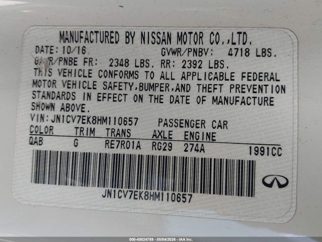 Aukcja sprzedaży 2017 Infiniti Q60 2.0t Premium, vin: JN1CV7EK8HM110657, numer aukcji: 45024789