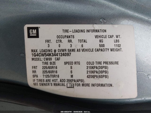 Продаж на аукціоні авто 2004 Buick Park Avenue, vin: 1G4CW54K344124097, номер лоту: 45024791