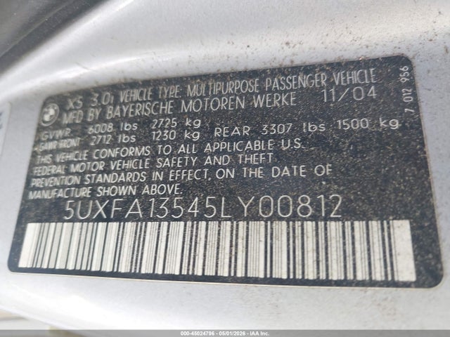 2005 Bmw X5 3.0i მანქანა იყიდება აუქციონზე, vin: 5UXFA13545LY00812, აუქციონის ნომერი: 45024796