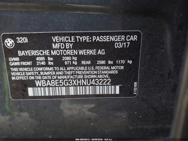 45024812 :رقم المزاد ، WBA8E5G3XHNU43222 vin ، 2017 Bmw 320i Xdrive مزاد بيع