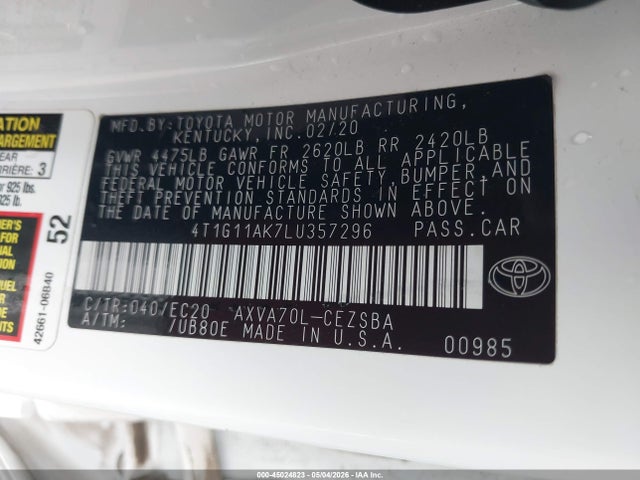 2020 Toyota Camry Se Nightshade Edition მანქანა იყიდება აუქციონზე, vin: 4T1G11AK7LU357296, აუქციონის ნომერი: 45024823