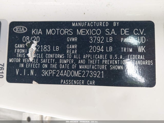 Aukcja sprzedaży 2021 Kia Forte Lxs, vin: 3KPF24AD0ME273921, numer aukcji: 45024838