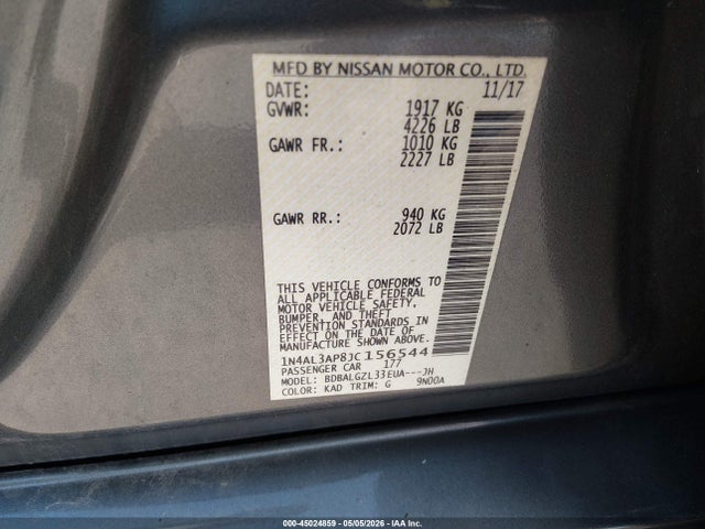2018 Nissan Altima 2.5 S მანქანა იყიდება აუქციონზე, vin: 1N4AL3AP8JC156544, აუქციონის ნომერი: 45024859