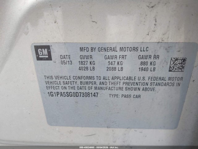 Aukcja sprzedaży 2013 Chevrolet Cruze Ls Auto, vin: 1G1PA5SG0D7308147, numer aukcji: 45024865