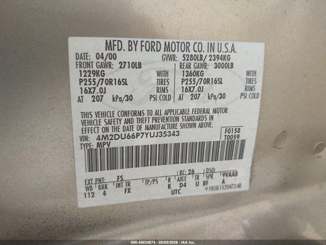 Продаж на аукціоні авто 2000 Mercury Mountaineer, vin: 4M2DU66P7YUJ35343, номер лоту: 45024874