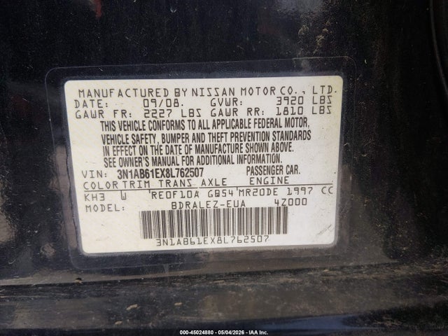 Продаж на аукціоні авто 2008 Nissan Sentra 2.0s, vin: 3N1AB61EX8L762507, номер лоту: 45024880