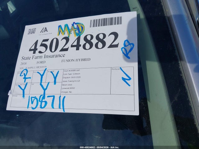 Aukcja sprzedaży 2018 Ford Fusion Hybrid Se, vin: 3FA6P0LU3JR269539, numer aukcji: 45024882