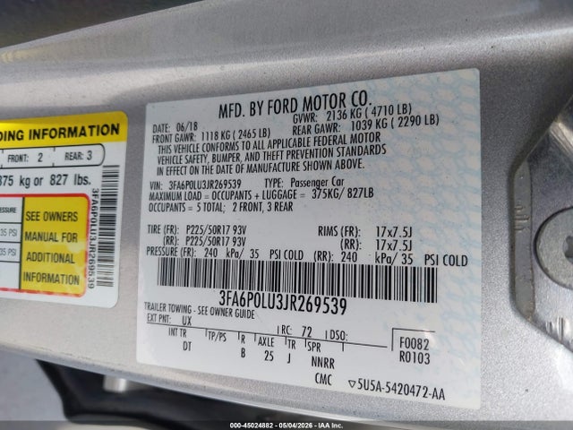 Aukcja sprzedaży 2018 Ford Fusion Hybrid Se, vin: 3FA6P0LU3JR269539, numer aukcji: 45024882