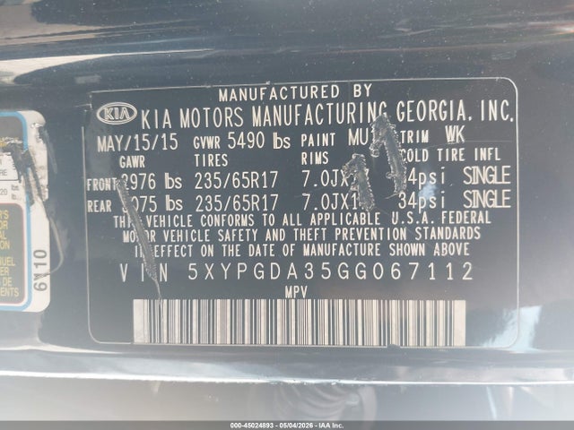 Продаж на аукціоні авто 2016 Kia Sorento 2.4l Lx, vin: 5XYPGDA35GG067112, номер лоту: 45024893
