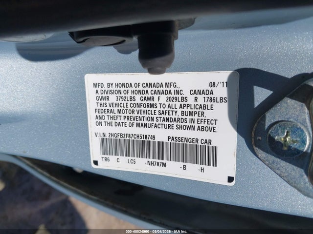 Aukcja sprzedaży 2012 Honda Civic Ex, vin: 2HGFB2F87CH518749, numer aukcji: 45024900