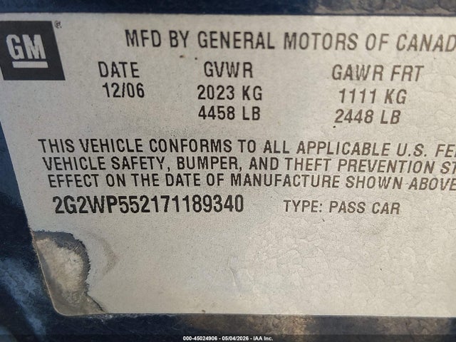 2007 Pontiac Grand Prix მანქანა იყიდება აუქციონზე, vin: 2G2WP552171189340, აუქციონის ნომერი: 45024906