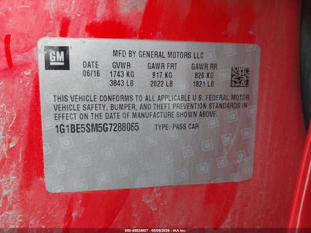 Продаж на аукціоні авто 2016 Chevrolet Cruze Lt Auto, vin: 1G1BE5SM5G7288065, номер лоту: 45024907